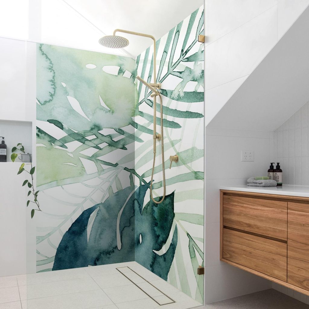 Duschrückwand mit Motiv selbstklebend - 0.61 mm Wandpaneel wasserfest Pflanzen grün Aquarell Tropisch Badrückwand fugenlos Premium matt 100x210 cm