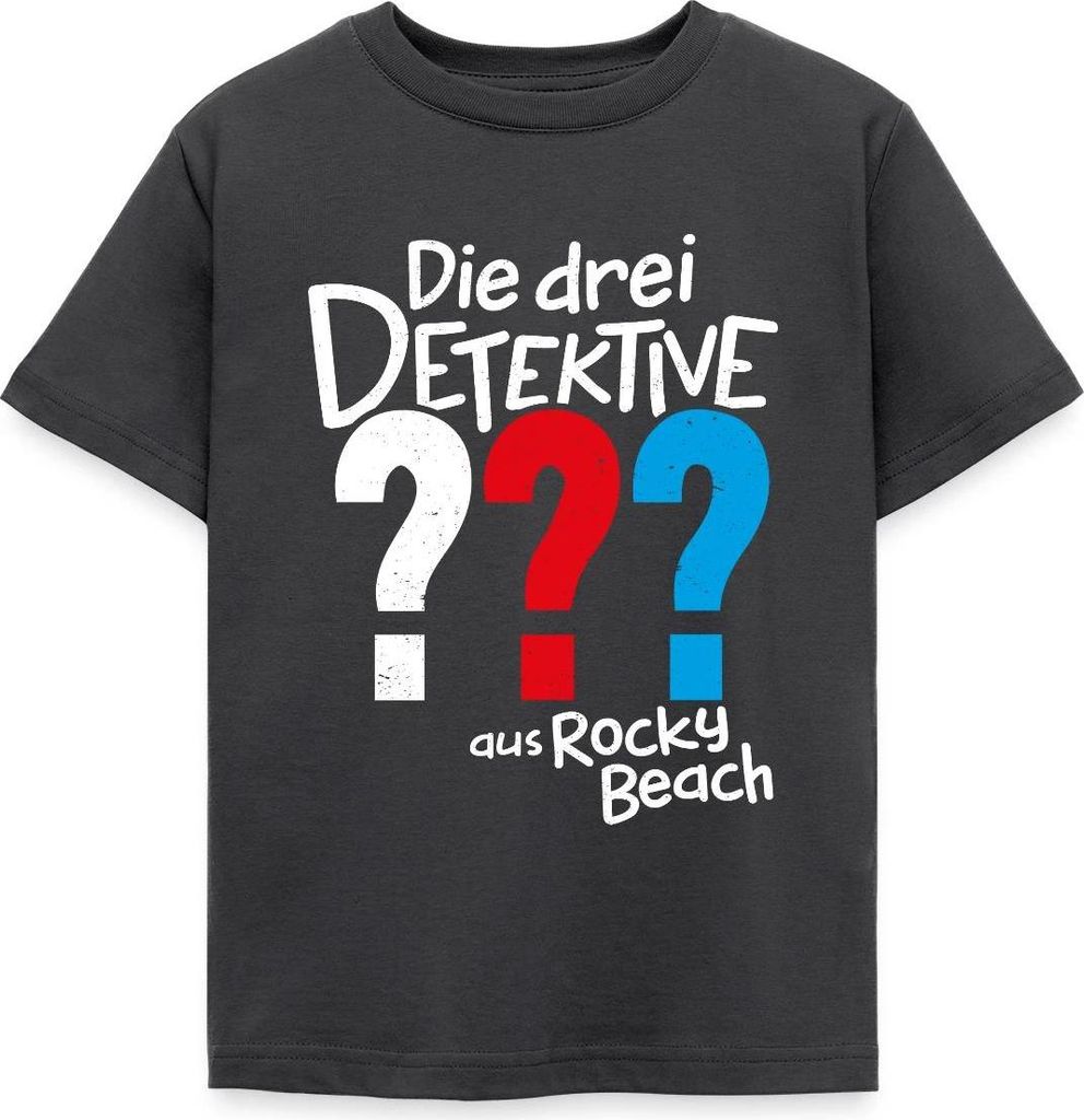 Spreadshirt Die Drei Fragezeichen Kids aus Rocky Beach Kinder T-Shirt, 122/128 (7-8 Jahre), Dunkelgrau