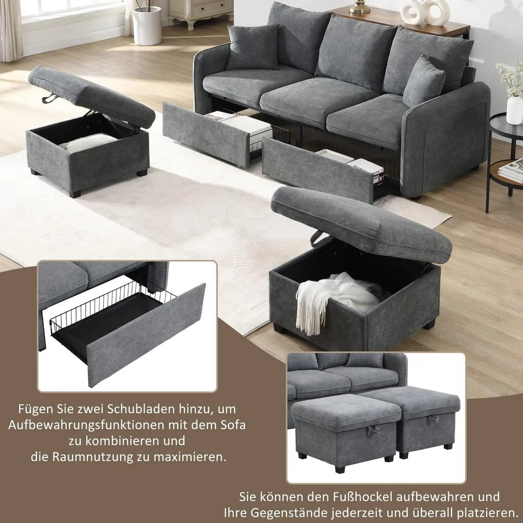 Canapé convertible en chenille avec rangement et pouf modulable Sweiko - 5