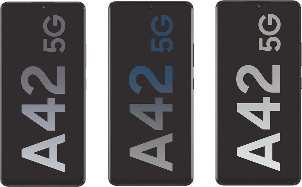 Three Samsung Galaxy A42 5G phones are displayed side-by-side against a black background. The phones have the text 'A42 5G' displayed on their screens in different colors.
