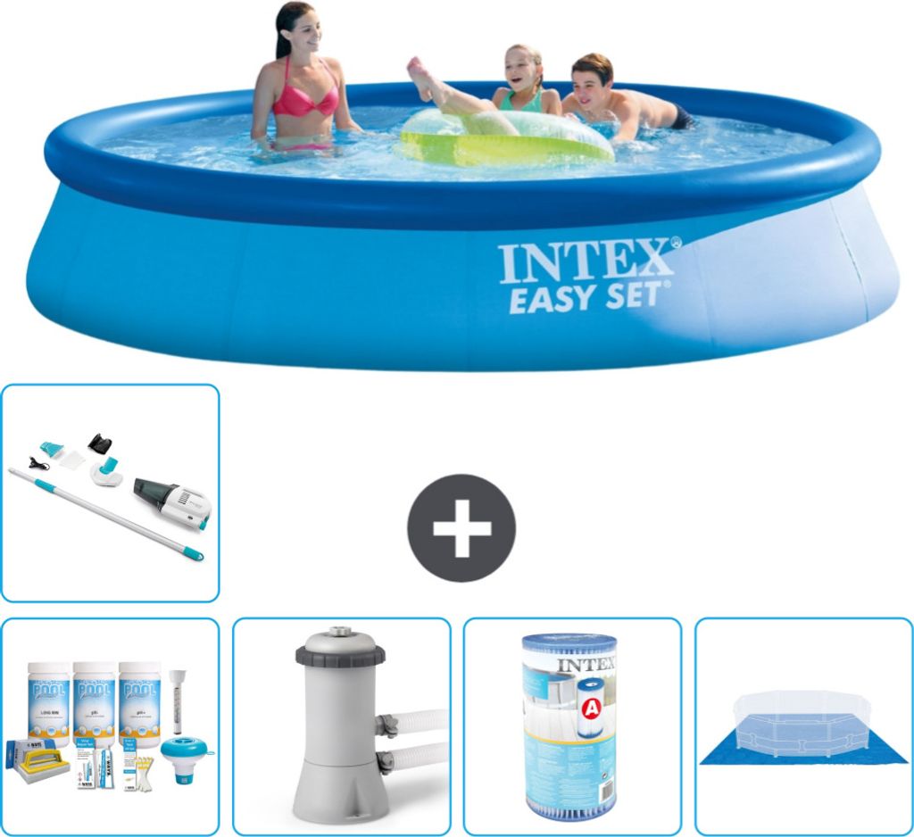 Intex runder aufblasbarer Easy Set-Pool – 396 x 84 cm – Blau – im Lieferumfang enthalten Wartungspaket - Filterpumpe für Schwimmbad - Filter...