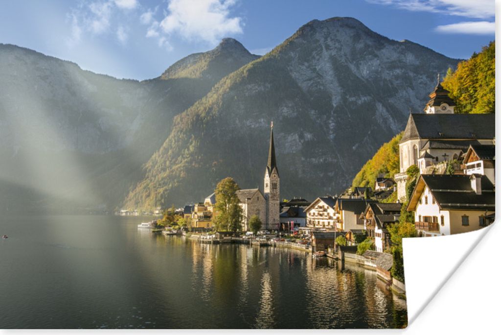 MuchoWow Poster Die Sonne scheint auf Hallstatt in Österreich 60x40 cm - Schlafzimmerdekoration