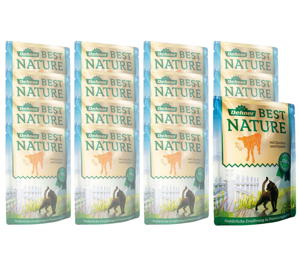 Dehner Best Nature Katzenfutter, Nassfutter, für ausgewachsene Katzen, Kalb / Zucchini / Distelöl, 16 x 85 g Beutel (1.36 kg)