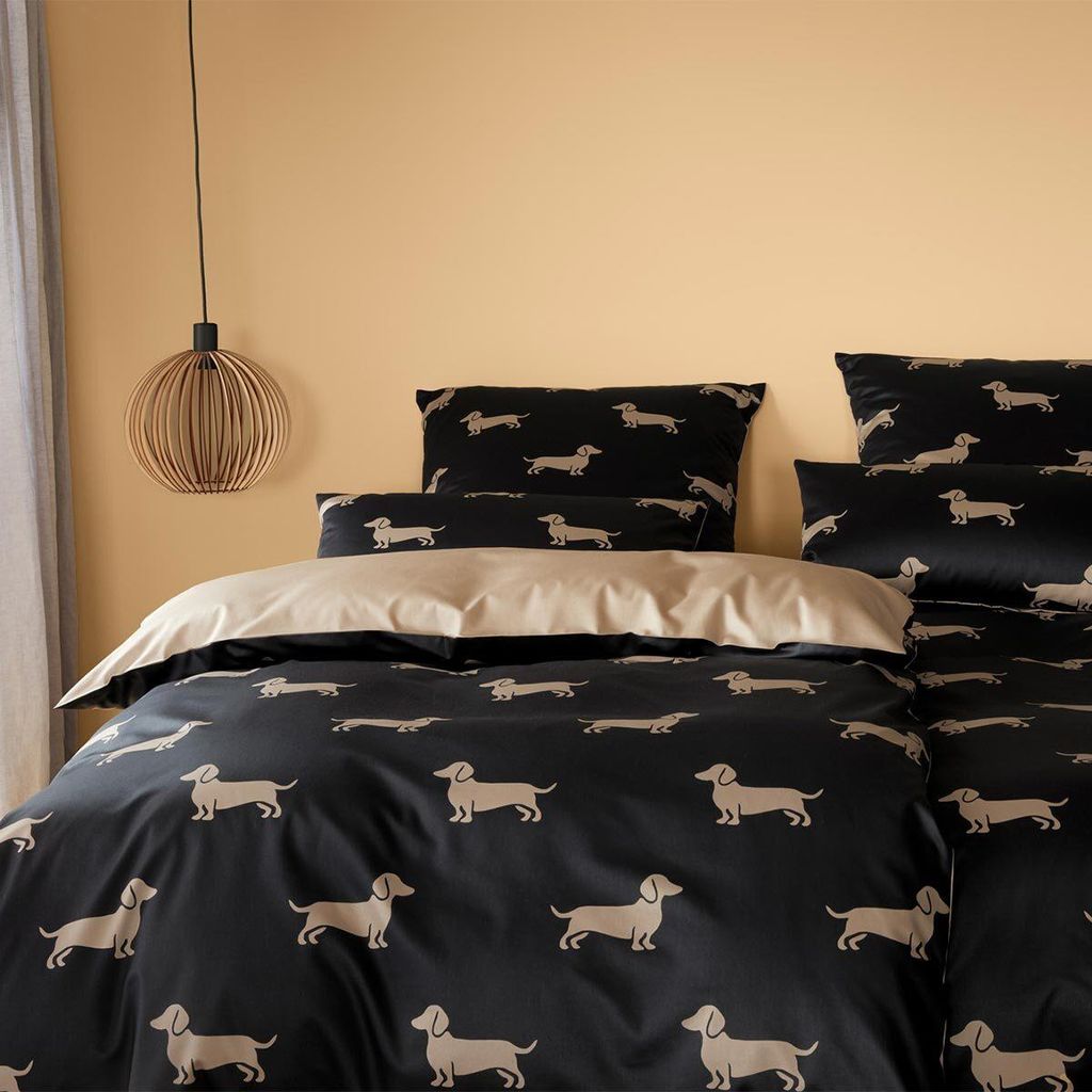 elegante Mako-Satin-Bettwäsche-Garnitur Dogs Farbe Schwarz-Beige Größe 240x220+2x40x80