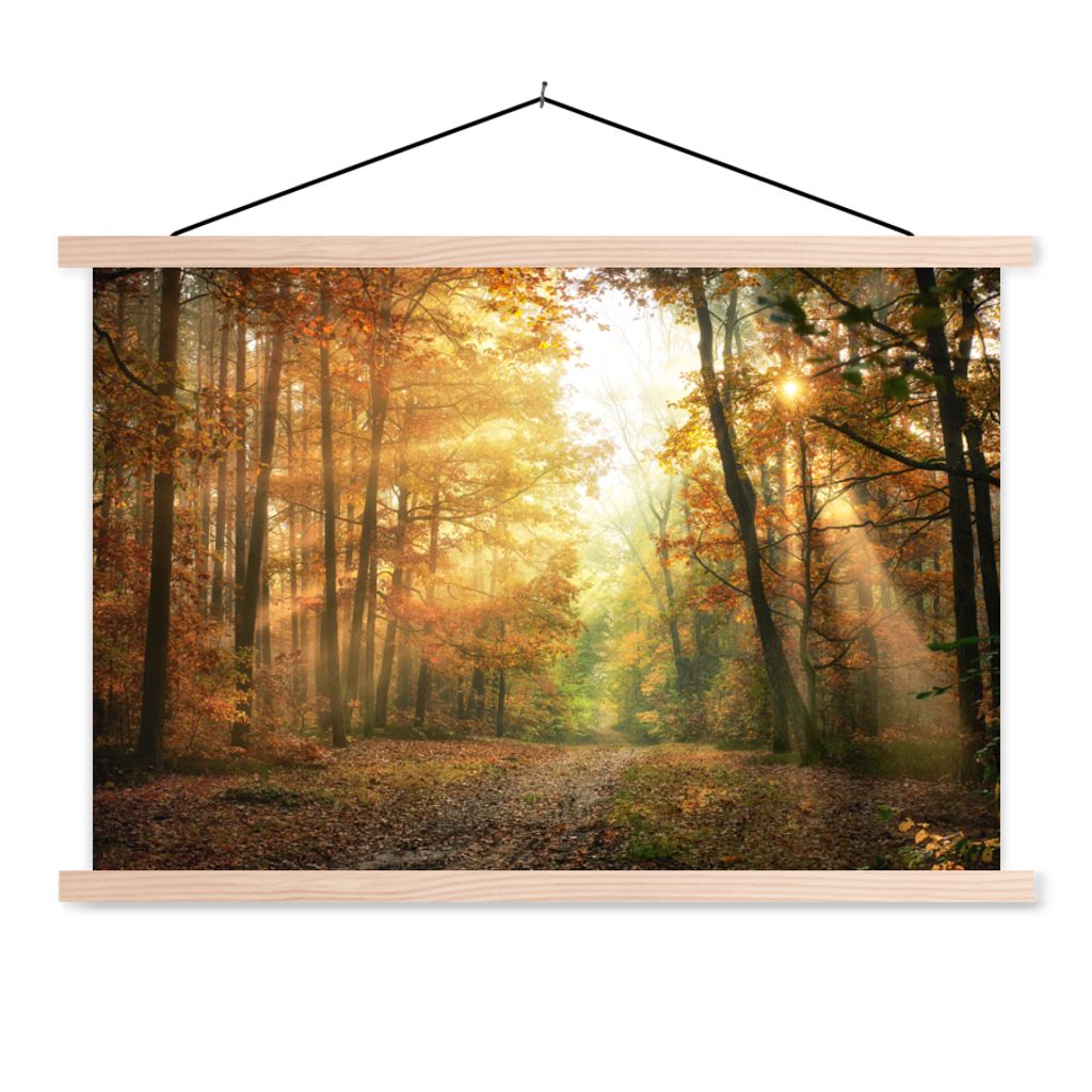 MuchoWow Textilposter Wald - Herbst - Sonne - Landschaft - Natur - Bäume - Laub 120x80 cm mit holzfarbenen Rahmen - Aufhängeset
