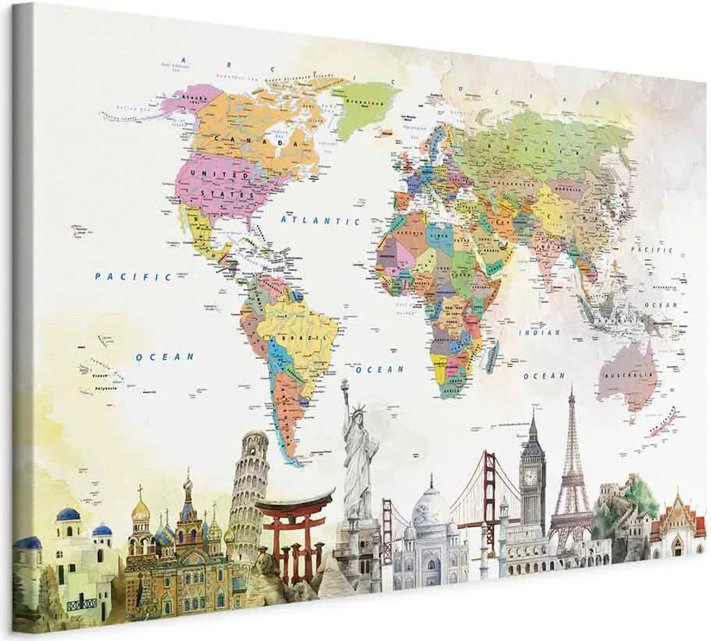 Quadro Mappa del Mondo 60x40 cm - Wonders of the World Canvas k-C-0117-b-a