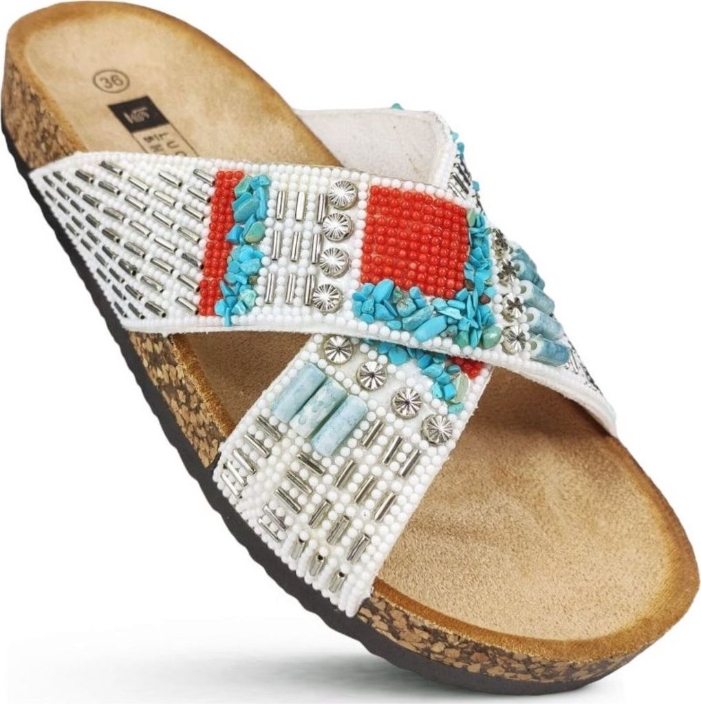 Damen Slip On Sandalen Slipper Hausschuhe Kork Schuhsohle Bini Weiß Gr.38