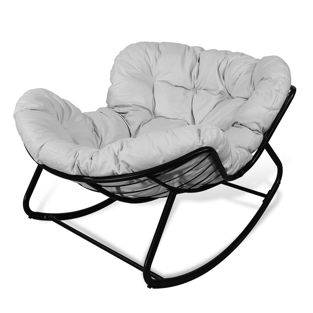 A gray papasan-style rocking chair with a black metal frame.