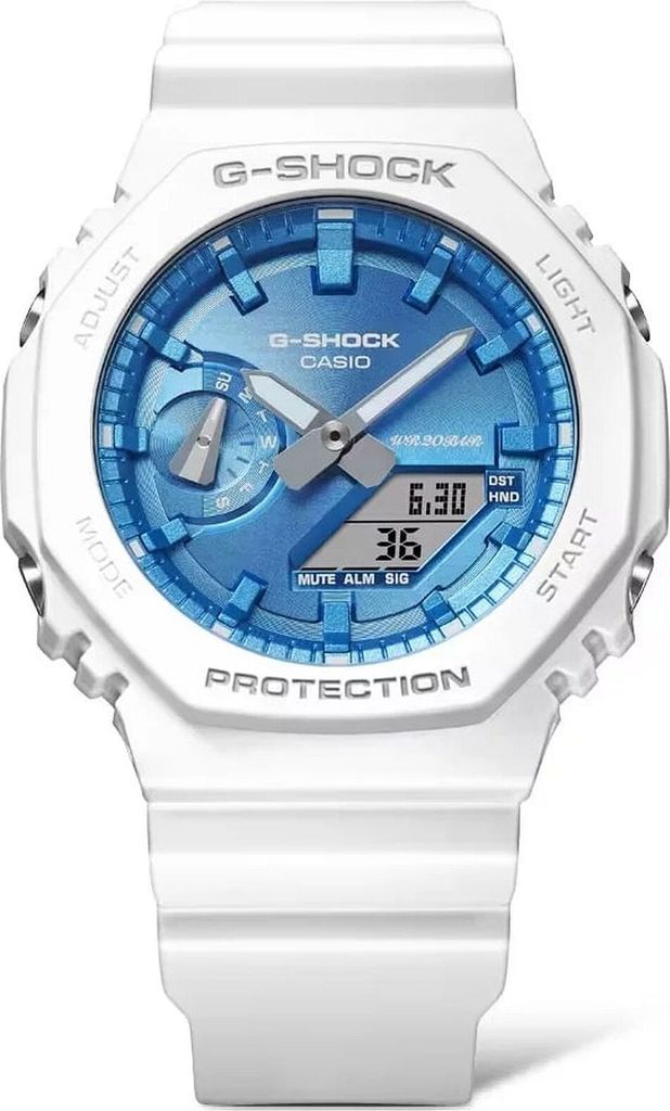 A white Casio G-Shock watch with a blue dial is shown against a white background.