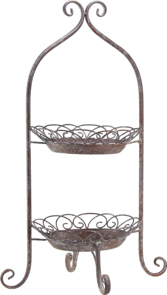 Etagere aus Metall im Vintage-Look, zweistöckig, Braun mit Weißwaschung, Dekoratives Metalltablett, Ø25,5cm, H63,5cm