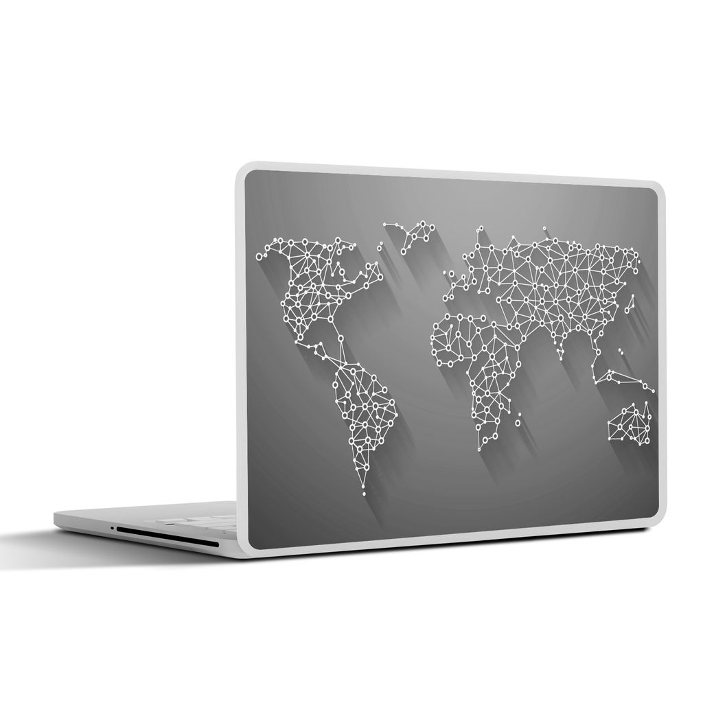 MuchoWow Laptop Aufkleber Sticker Cover Weiße Weltkarte mit Punkten und Linien - schwarz und weiß 31x22.5 cm - Laptop-Deko