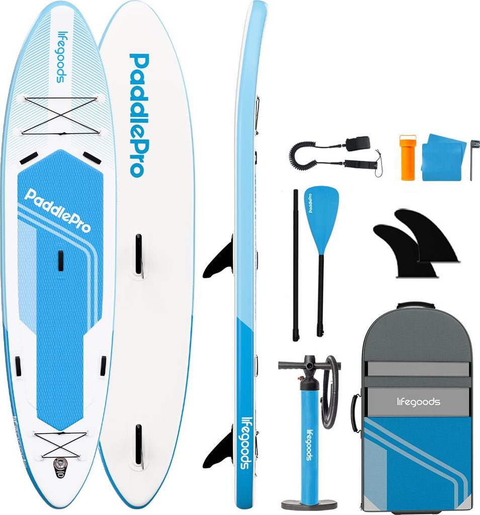 LifeGoods SUP Board Tandem - 2 Personen - 220 KG Tragkraft - 381 x 86 cm - Aufblasbar - Komplettes SUP Paket - Sky Blue