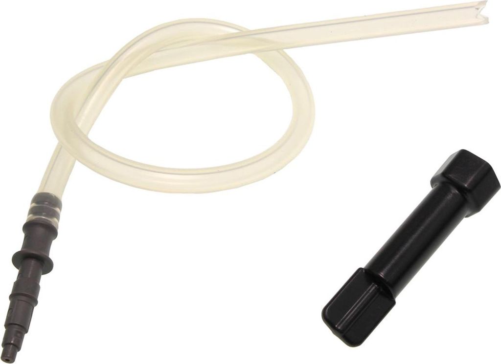 A clear product shot of a clear tube with a black connector and a black hexagonal tool on a white background.