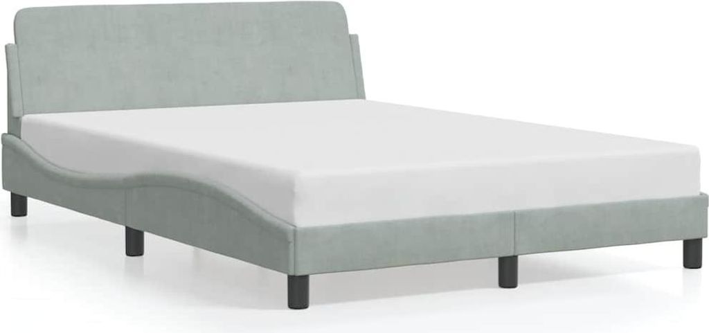 A light gray upholstered bed frame with a white mattress, shown against a white background.
