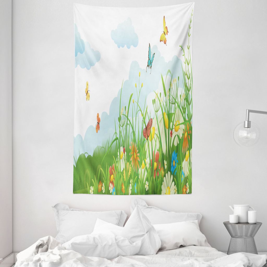 ABAKUHAUS Gras Wandteppich und Tagesdecke, Wolken mit Frühlingswiese aus Weiches Mikrofaser Stoff Waschbar ohne Verblassen Digitaldruck, 140 x 230...