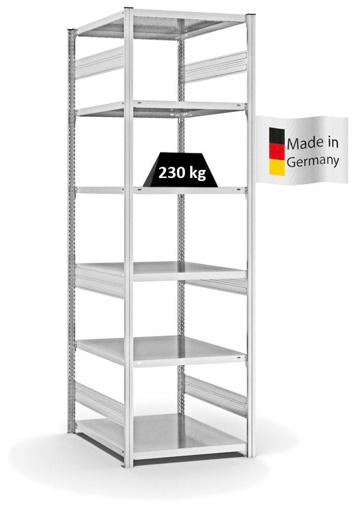 PROREGAL Fachbodenregal Stecksystem MAGNUS Germany | HxBxT 250x75x80cm | 6 Ebenen | Fachlast 230 kg | Beidseitig nutzbar | Lichtgrau