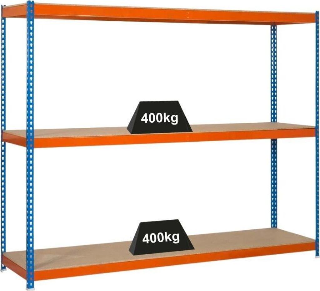 Schwerlastregal WOOD BEAST THREE | HxBxT 200x240x60cm | 3 Ebenen | Fachlast 400kg | Blau-Orange | Weitspannregal Werkstattregal Lagerregal Kellerre...
