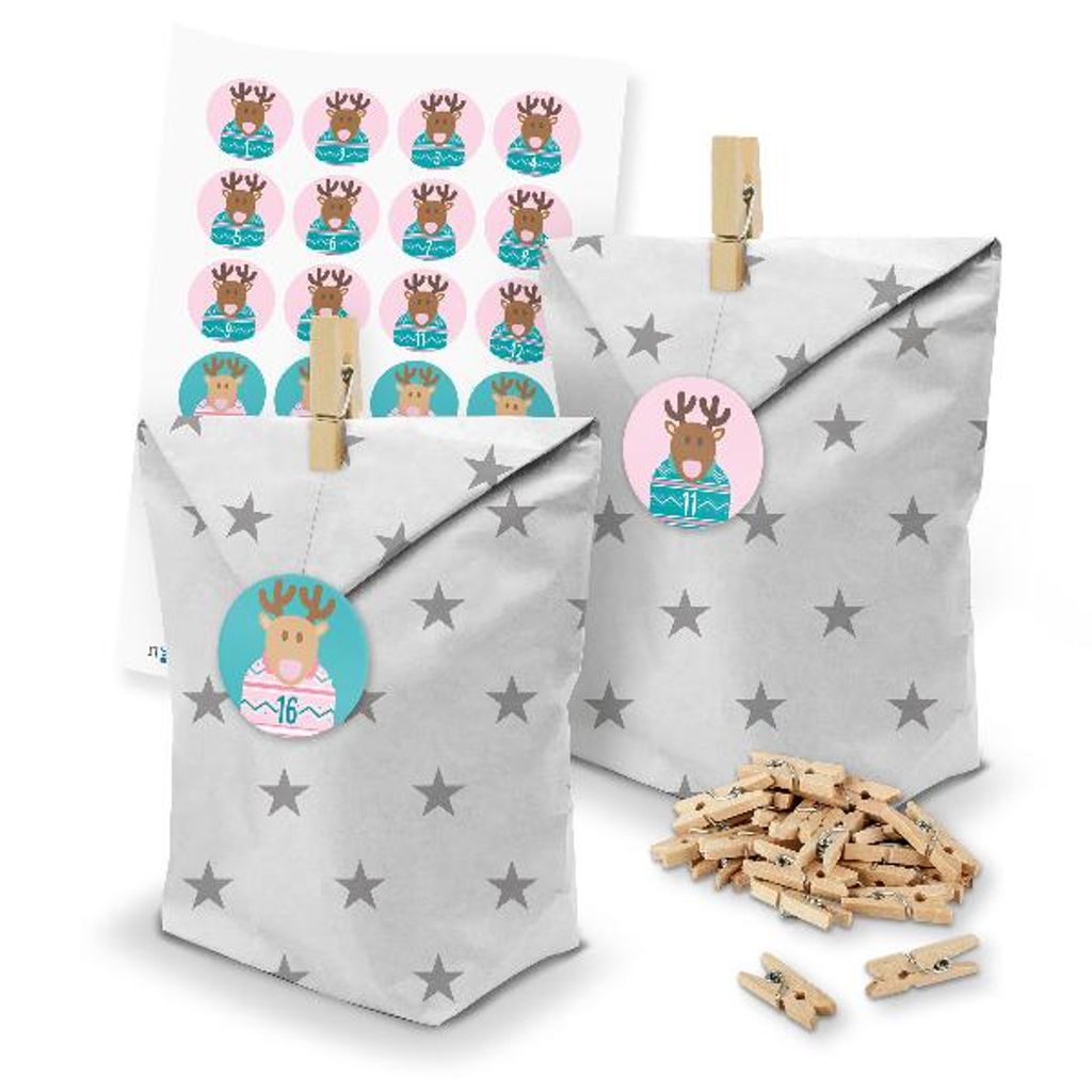 itenga SET Adventskalender 24 x Tüten Sterne + Klammern + Zahlensticker (Z44)
