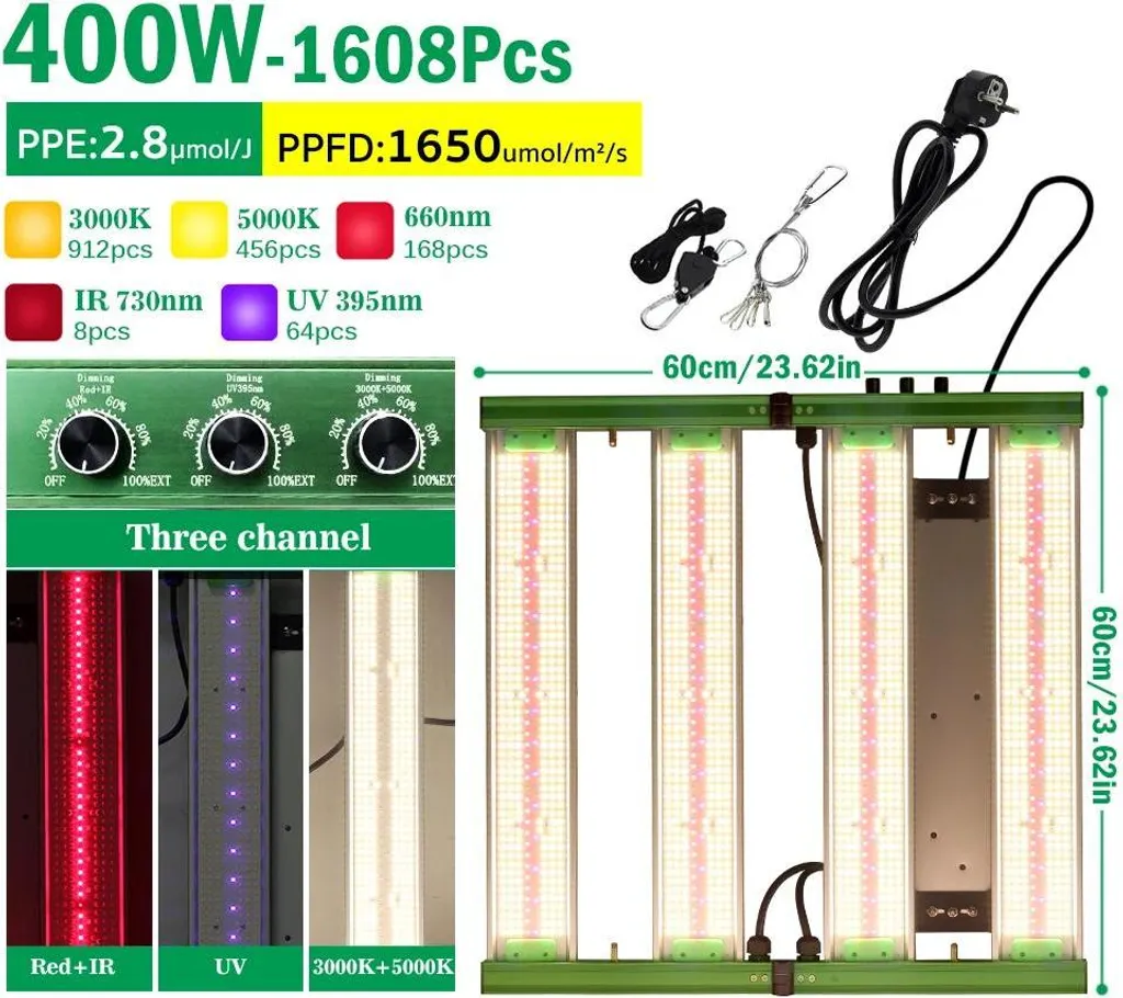 Éclairage LED plantes 400W à spectre complet et variateur de lumière