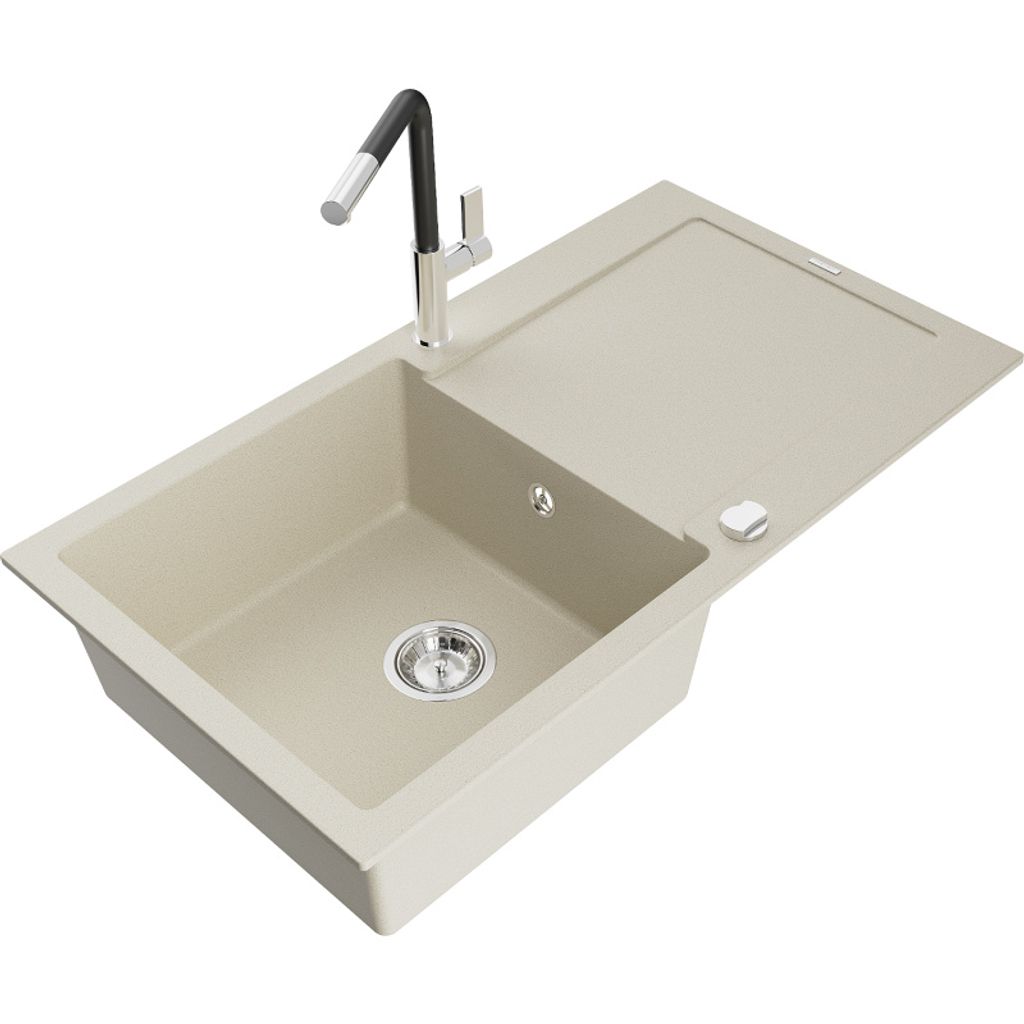 Mexen Leo 1 Becken-Granitspüle mit Abtropffläche und Mischbatterie Flora, Beige - 6501-69-670401-07