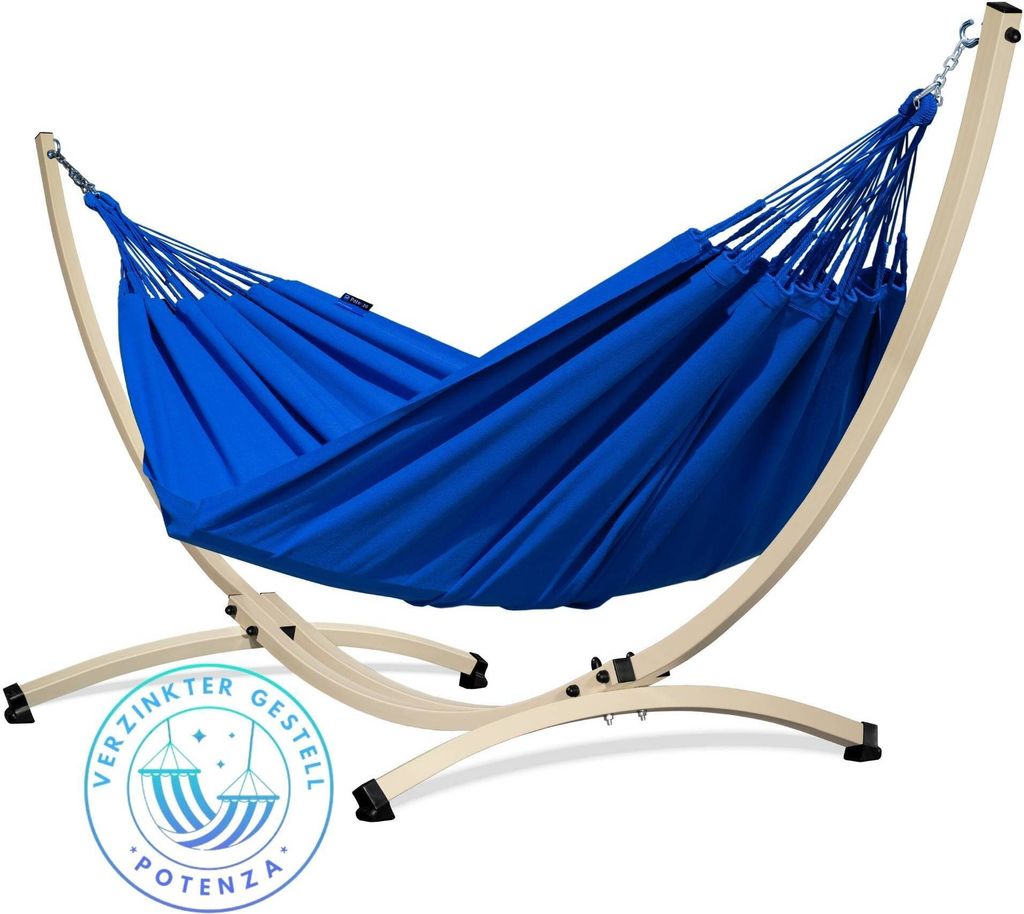 Potenza Outdoor Hängematte mit Verzinkter Gestell für 2 Personen I 100% Baumwolle Merida Doppelhängematte XXL 220x160, 220kg I Ecru Hängematten...