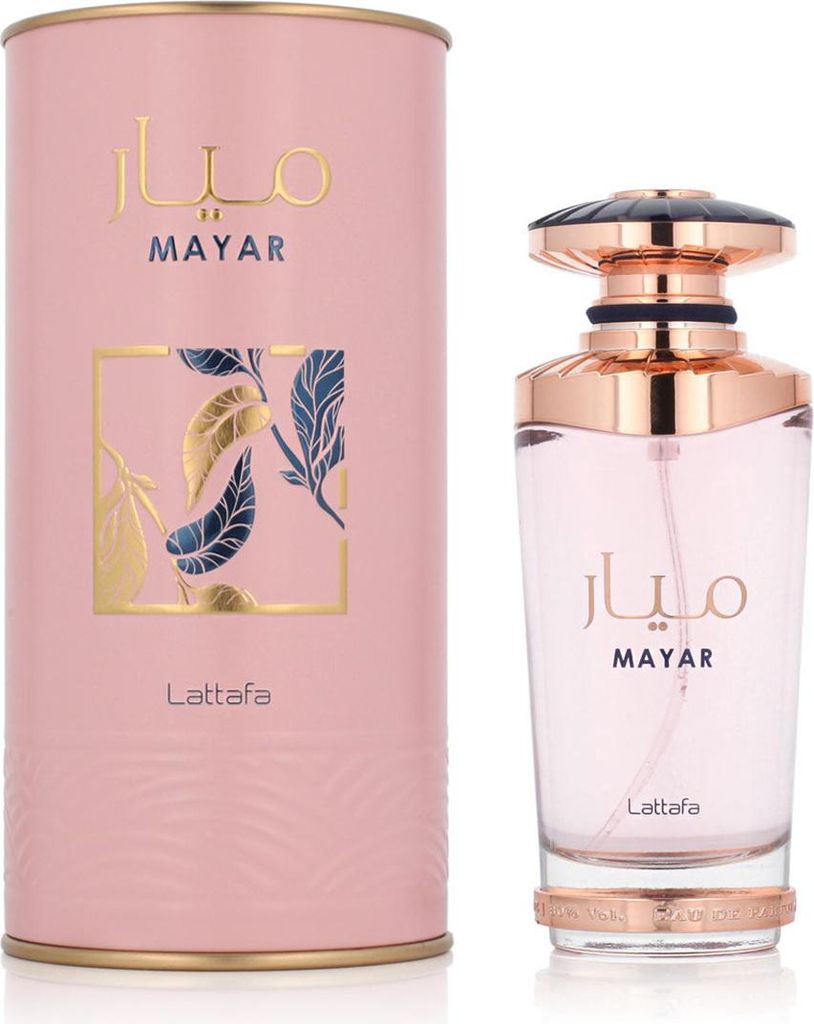 A perfume bottle and its cylindrical packaging are displayed side-by-side against a white background.