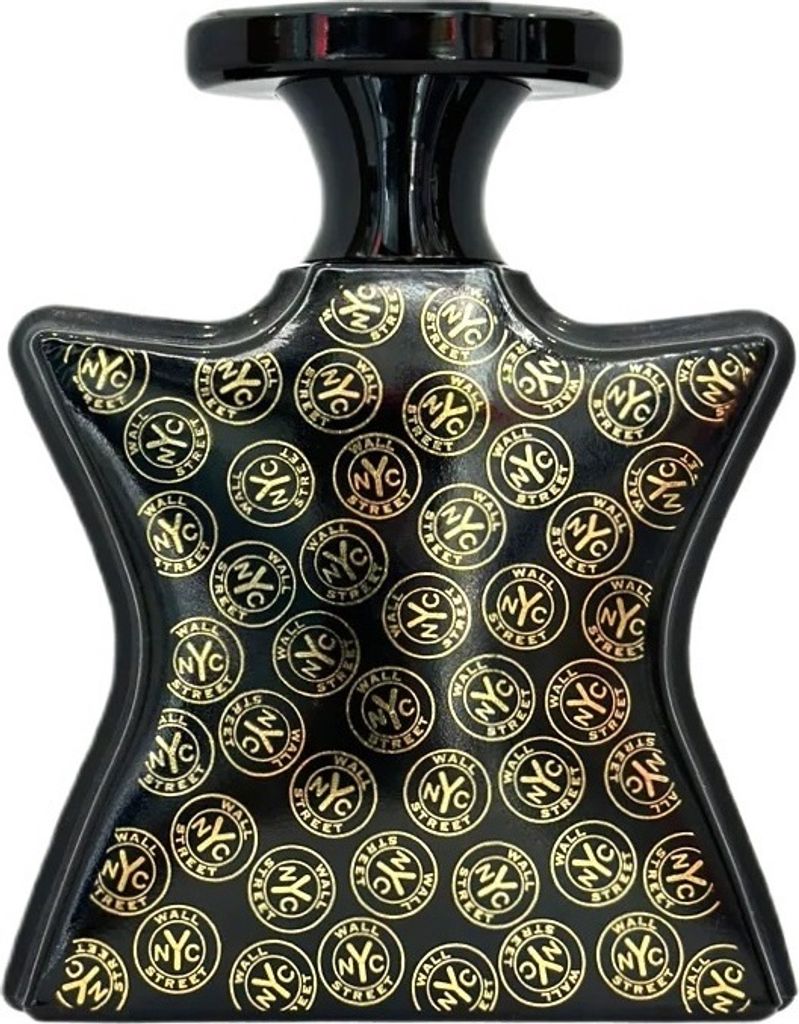 A black perfume bottle with gold circular patterns.