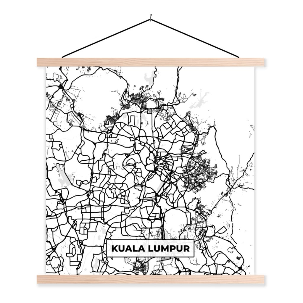 MuchoWow Textilposter Karte - Kuala Lumpur - Stadtplan - Schwarz und weiß 60x60 cm mit holzfarbenen Rahmen - Wanddekoration