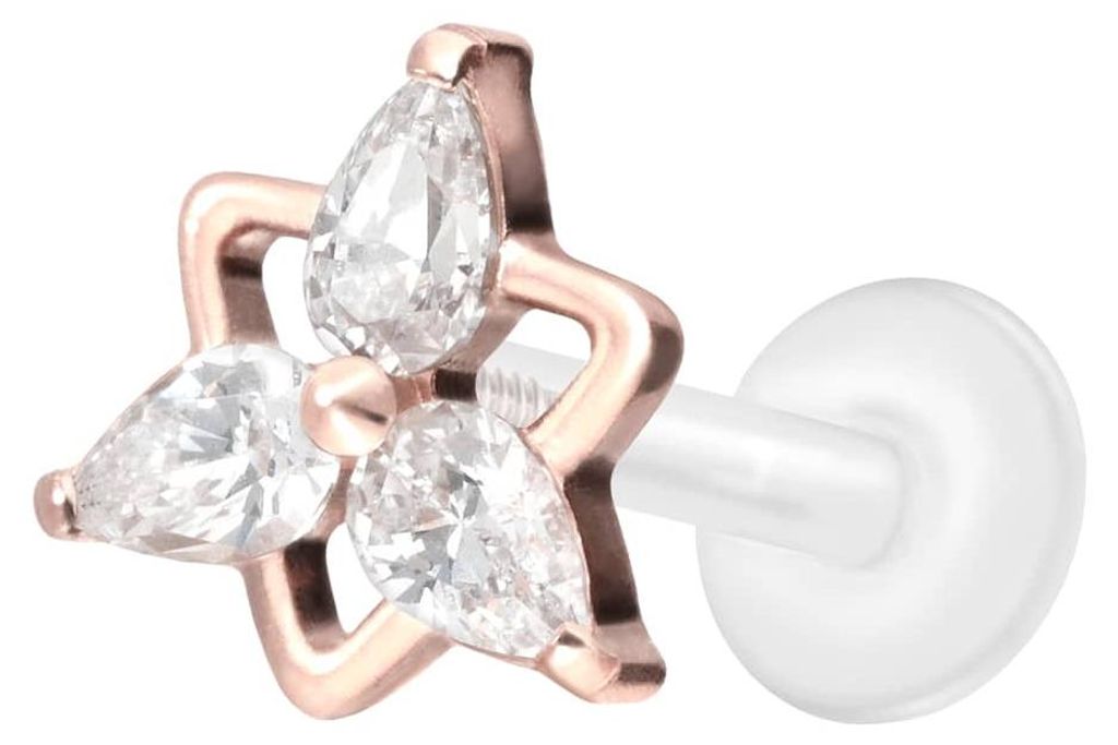 Ohrpiercing, Nasenpiercing PTFE Labret mit Innengewinde + Titan-Aufsatz KRISTALLBLUME RoséGold Stablänge: 9mm | Stabstärke: 1,2mm