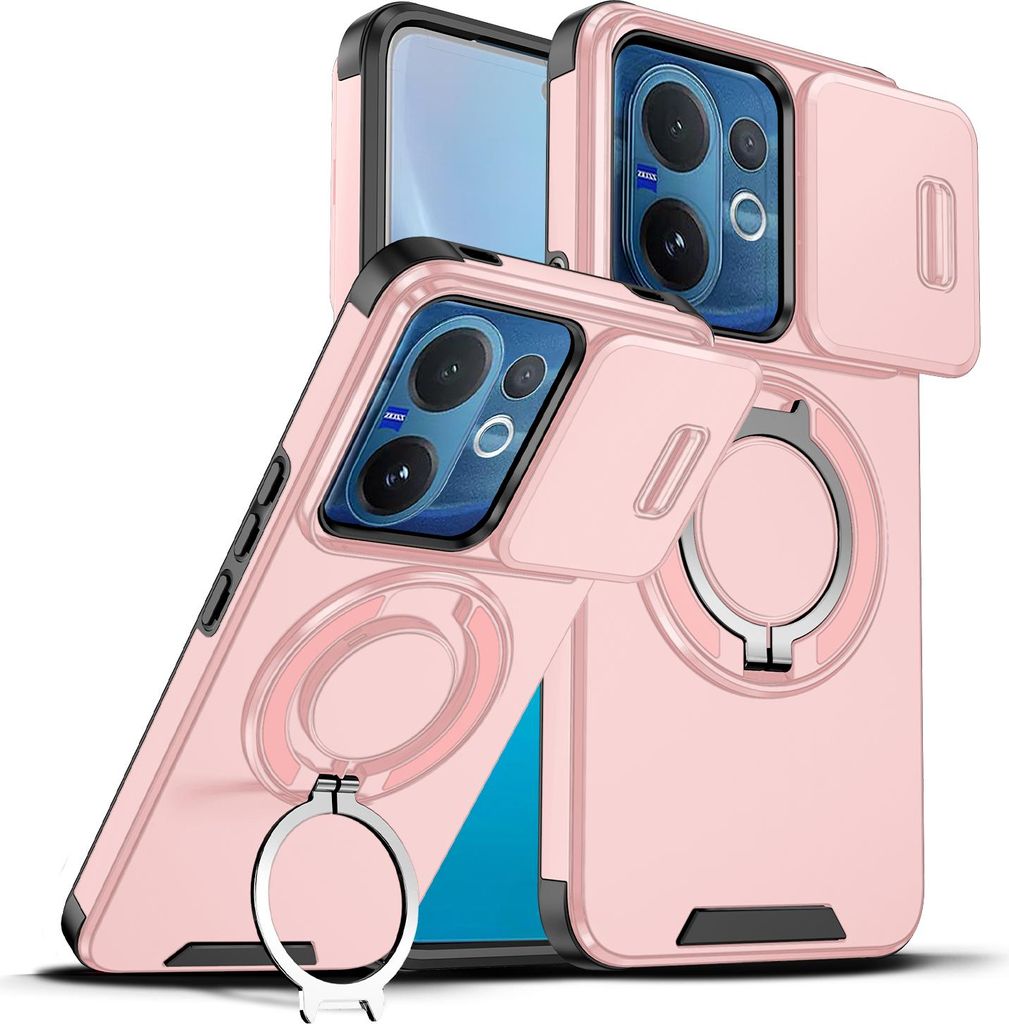 Handyhülle für Vivo V60 Dual-Layer Stoßfest Militär Hülle mit Dia Kameraschutz und Magnetisch Ring Ständer Pink