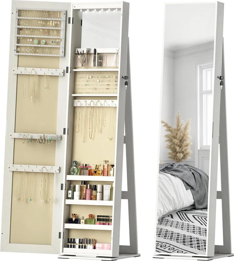Armoire bijoux anti-nœuds avec miroir LED et serrure - Finition Bois
