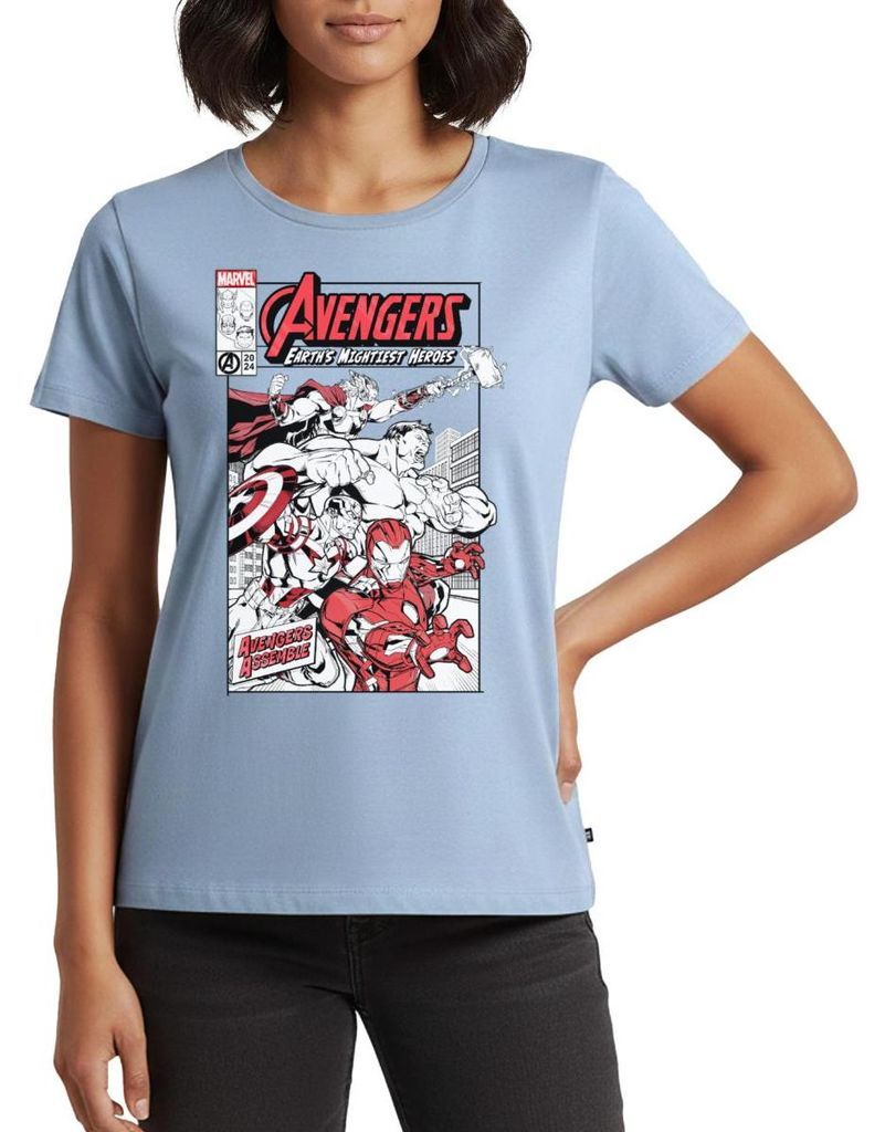 Spreadshirt Avengers Assemble Helden Comic-Motiv Frauen Premium T-Shirt, 4XL, Hellblau