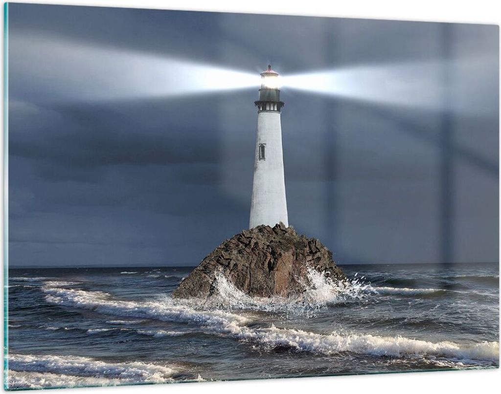 Bilder auf glas - Leuchtturm Meer - 120x80cm - Glasbilder - Wandbilder - Kunstdruck - zum Aufhängen bereit - Wanddekoration aus Glas - Glas Bilder...