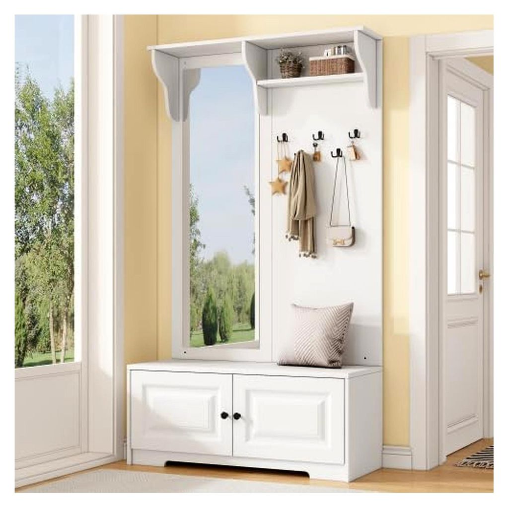 Garderobenständer mit Spiegel – Kompaktgarderobe mit 5 Haken und Schuhschrank, multifunktionaler Eingangsschrank mit 2 Schränken, Weiß, 100×4...
