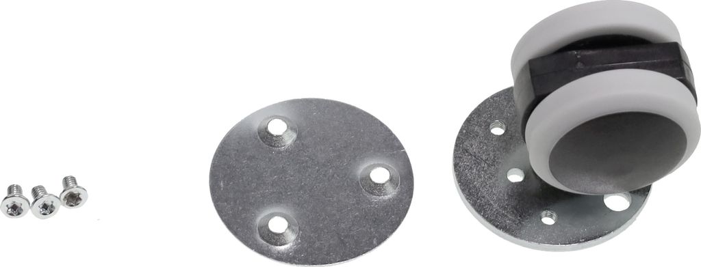 A set of vacuum cleaner parts, including screws, a mounting plate, and a wheel assembly, laid out on a white background.