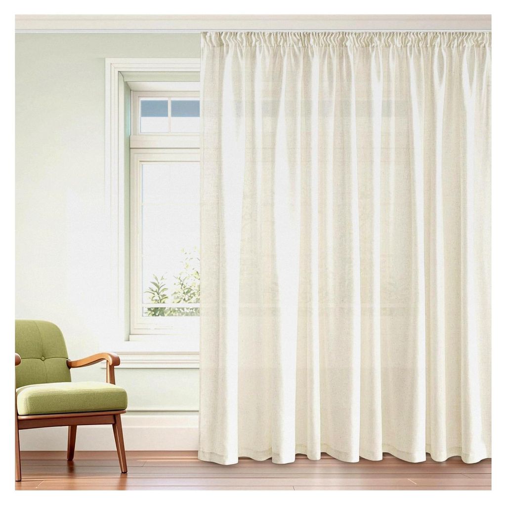 Leinenvorhang mit Kräuselband für Schiene, 1 Stück, H 245 x B 300 cm, Creme, Extra Breite, Halbtransparente Gardine für Wohnzimmer