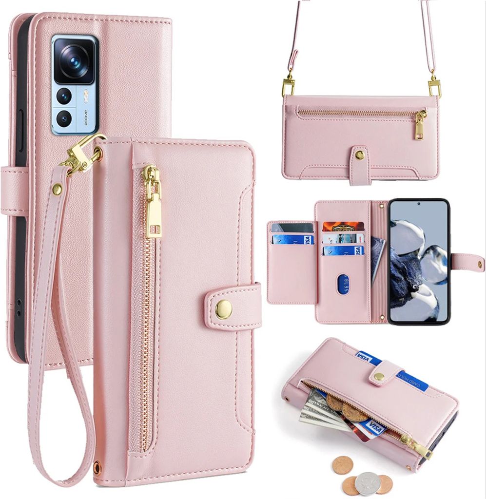 Handykette Xiaomi Hülle mit Band Handyhülle Kartenfächer Kunstleder Umhängetasche 12T / 12T Pro Rosa