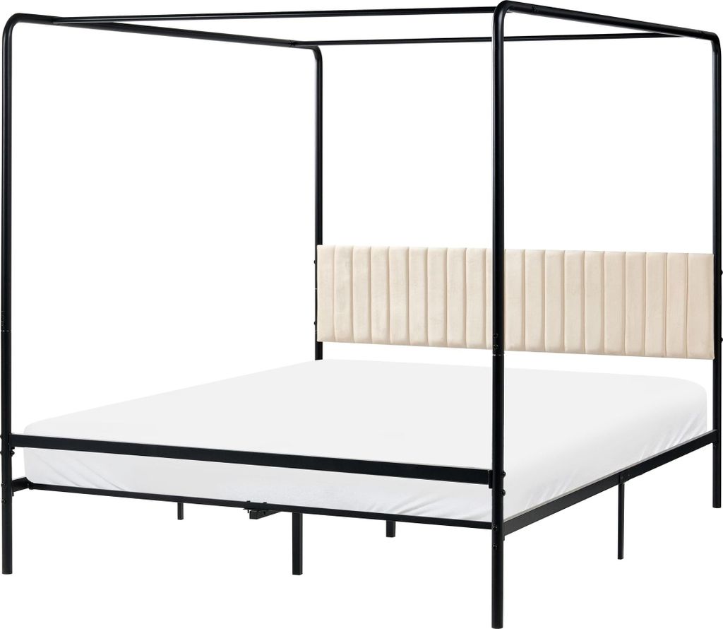 BELIANI Himmelbett Schwarz Metall mit Polsterkopfteil Gesteppt Metallrost 160x200 cm Modernes Design Schlicht Schlafzimmer Bett Doppelbett Metallbett