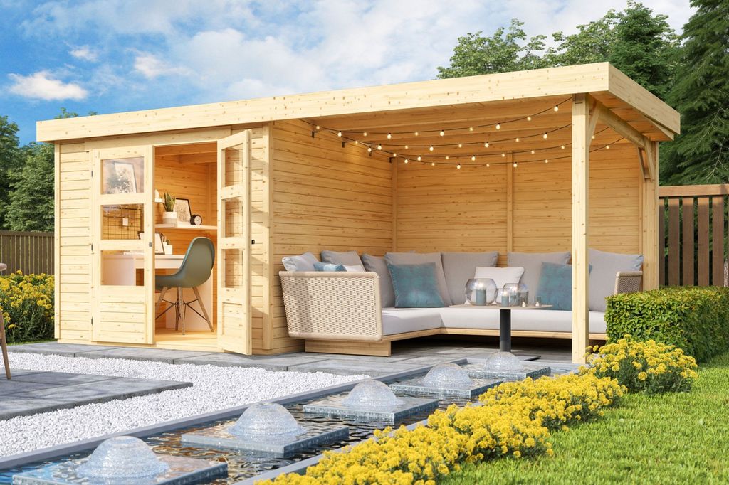 Karibu Gartenhaus Gerätehaus Askola 3,5 im Set mit Anbaudach 2,80 m Breite und 19 mm Rückwand naturbelassen 500x246x211 cm