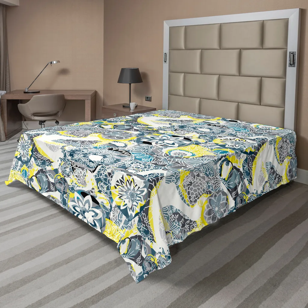 ABAKUHAUS Drap Plat Mandala Floral Vintage 260x228 cm Jaune et Bleu