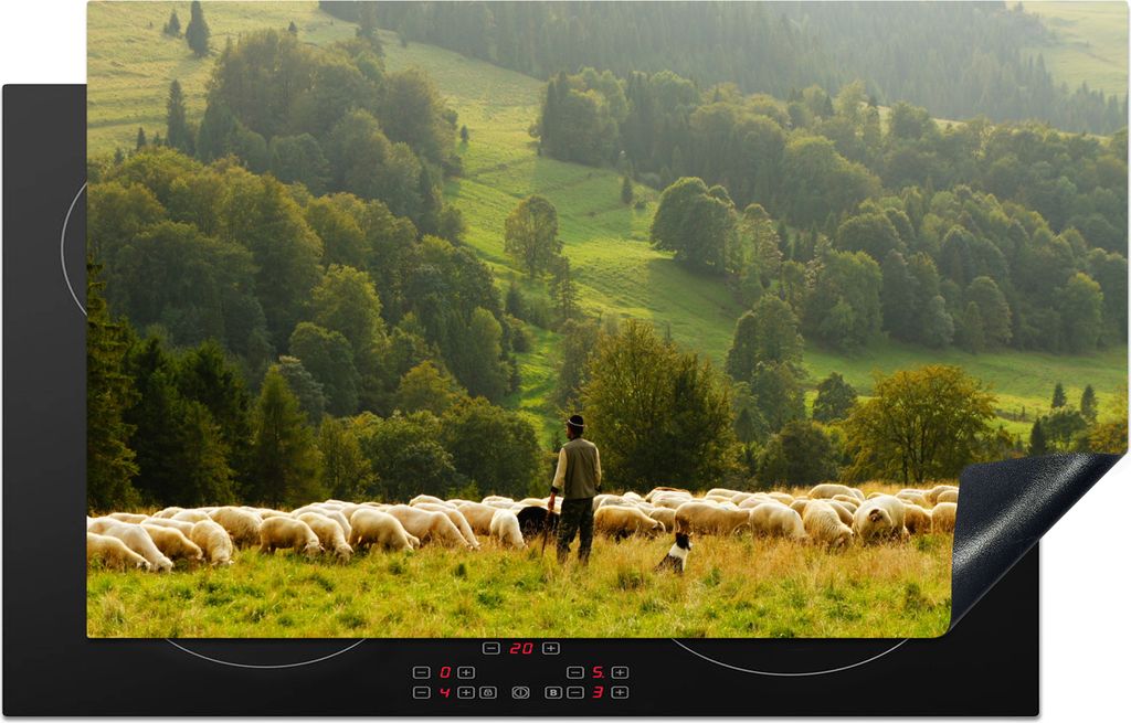 KitchenYeah Herdabdeckplatte Tiere - Schafe - Baum , 85x52cm, Küche Deko, Glaskeramikkochfeld Herdabdeckung, Abdeckplatte fùr Kochfeld