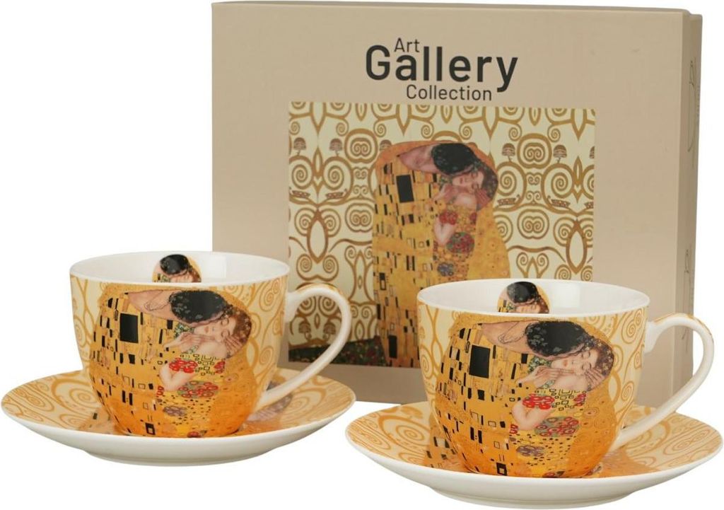 DUO | Kaffeetasse - Porzellantasse - 2 x 250 ml - Klimt Der Kuss - weiß beige - 2er Set Tassen und Untertassen