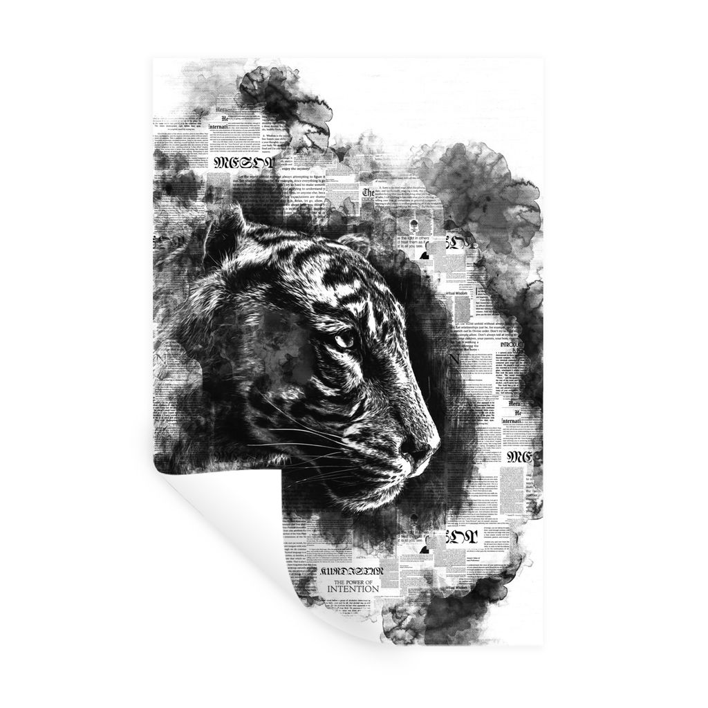 MuchoWow Wandtattoo Wandsticker Wandaufkleber Kopf eines Tigers auf einer Zeitung Hintergrund - schwarz und weiß 20x30 cm Selbstklebend und Repo...