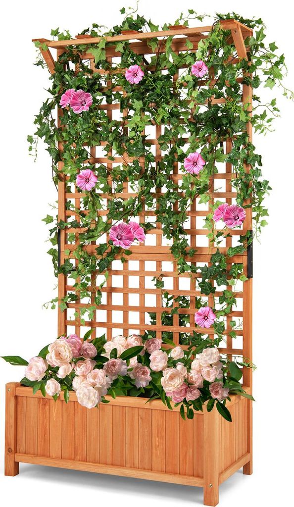 COSTWAY Blumenkasten mit Spalier & Dach, Pflanzkasten Tannenholz, Hochbeet mit Rankgitter & Drainagelöchern, Gartenspalier, für Garten 90x44,5x18...