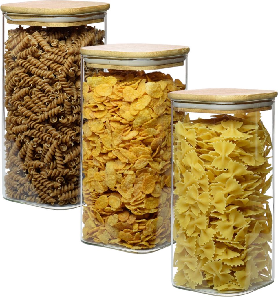 gouveo 3er Set Vorratsdose 1500 ml eckig aus Borosilikatglas mit Deckel - Glasbehälter zur Aufbewahrung für Küche, Haushalt, Gastronomie