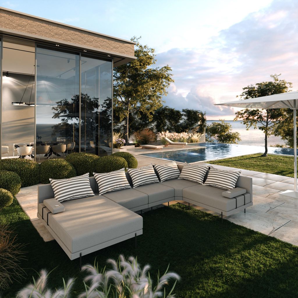 TRADA Gartenecksofa Bahama XL Streifen Grau 370x175 cm Gartenmöbel set Wasserabweisend Stoff