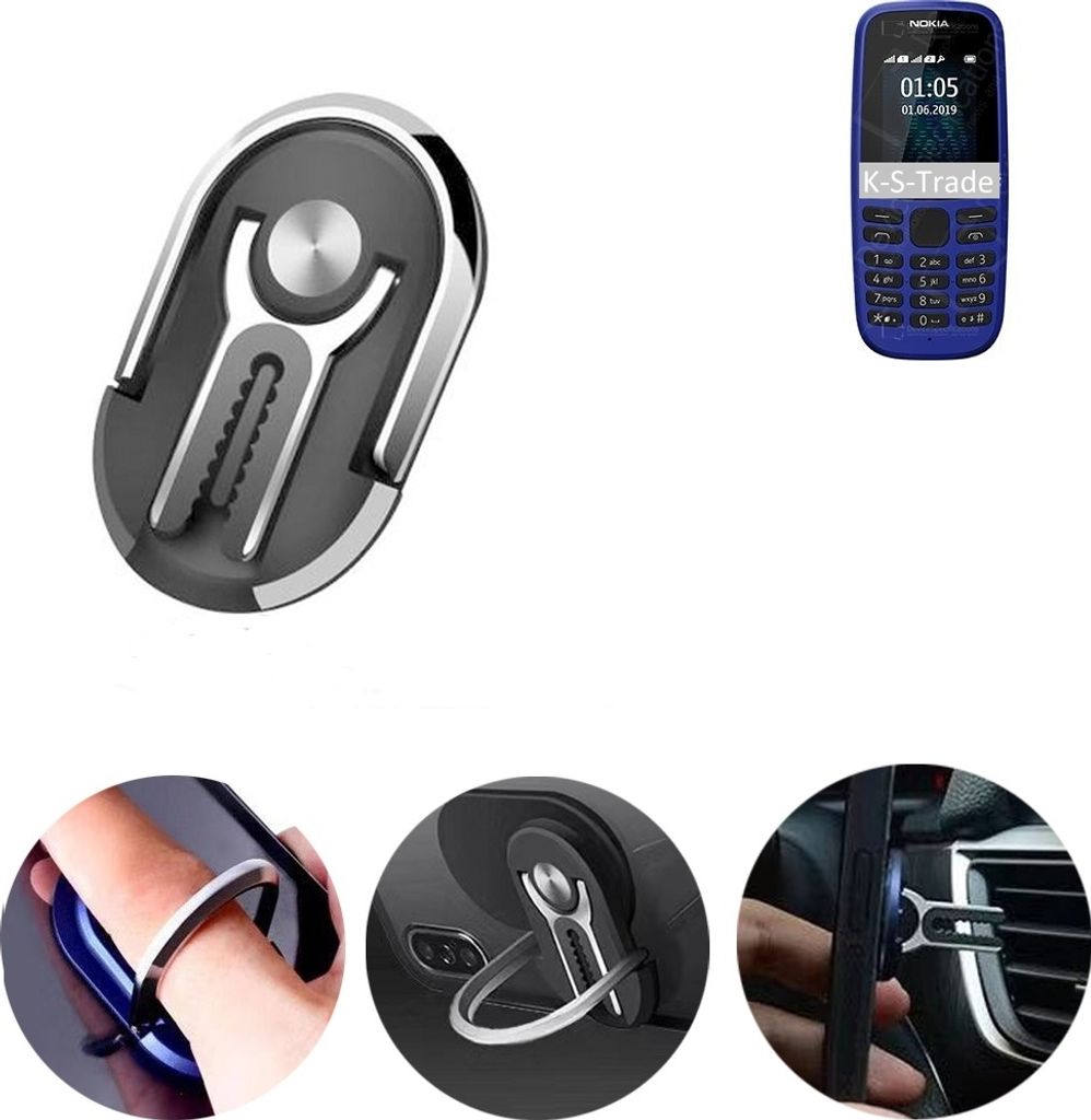 K-S-Trade 3in1 Smartphone-Ring Handy-Ring kompatibel mit Nokia 105 (2019) Fingerhalterung Handyring Tischständer Lüftungsgitter-Halterung Tisch