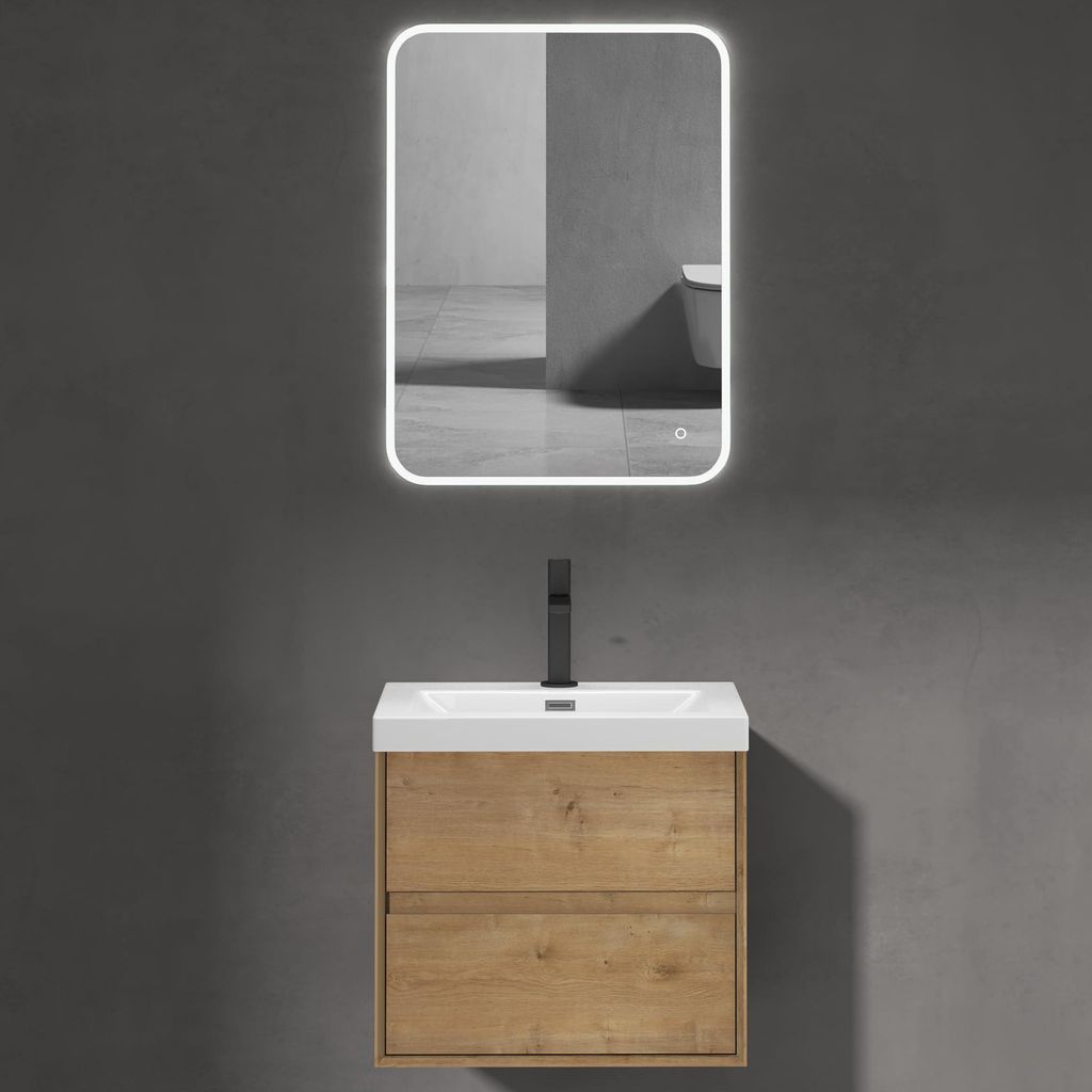 doporro Badmöbelset Waschbecken-Unterschrank mit Soft-close in Kerneiche Wandhängender Badezimmerunterschrank 60cm inkl. Mineralguss-Waschbecken ...