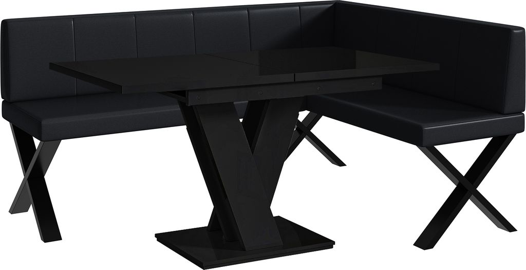 MEBLINI Eckbank für Esszimmer mit ausziehbarem Tisch - Küchenbank - Essecke - Sitzecke Küche - PETER - X-Beine 128x168x87cm Rechts - Schwarz Kun...