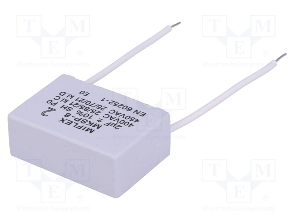 1x Kondensator: für Motoren, Betrieb 2uF 400VAC 41,4x28,5x16mm I250V520K-C Konden